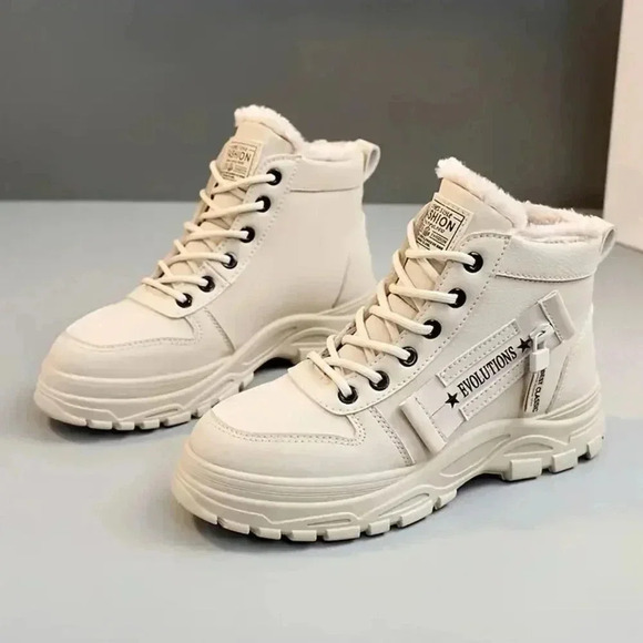 Women's Cream Combat Boots Ankle Zip Plush Lined Winter Casual - Picture 5 of 5